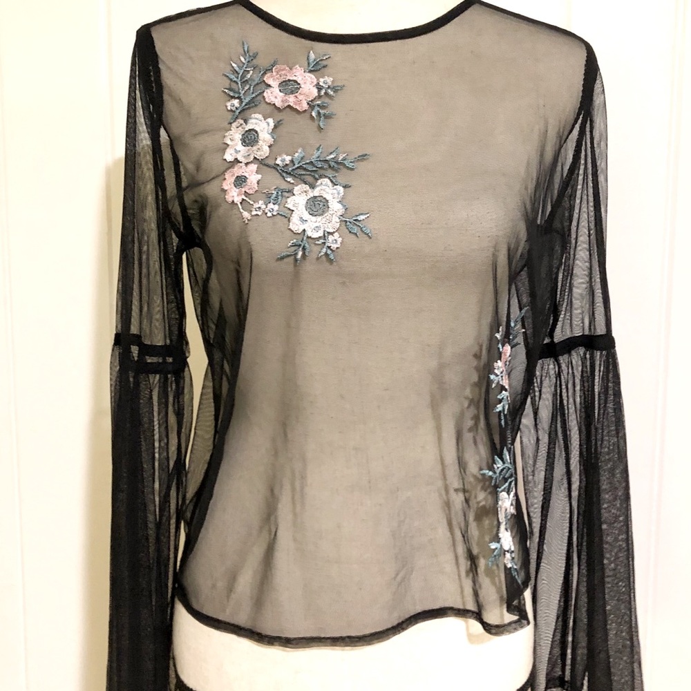 Witchy Black Mesh top Bell Sleeves Floral Embroidery size Small